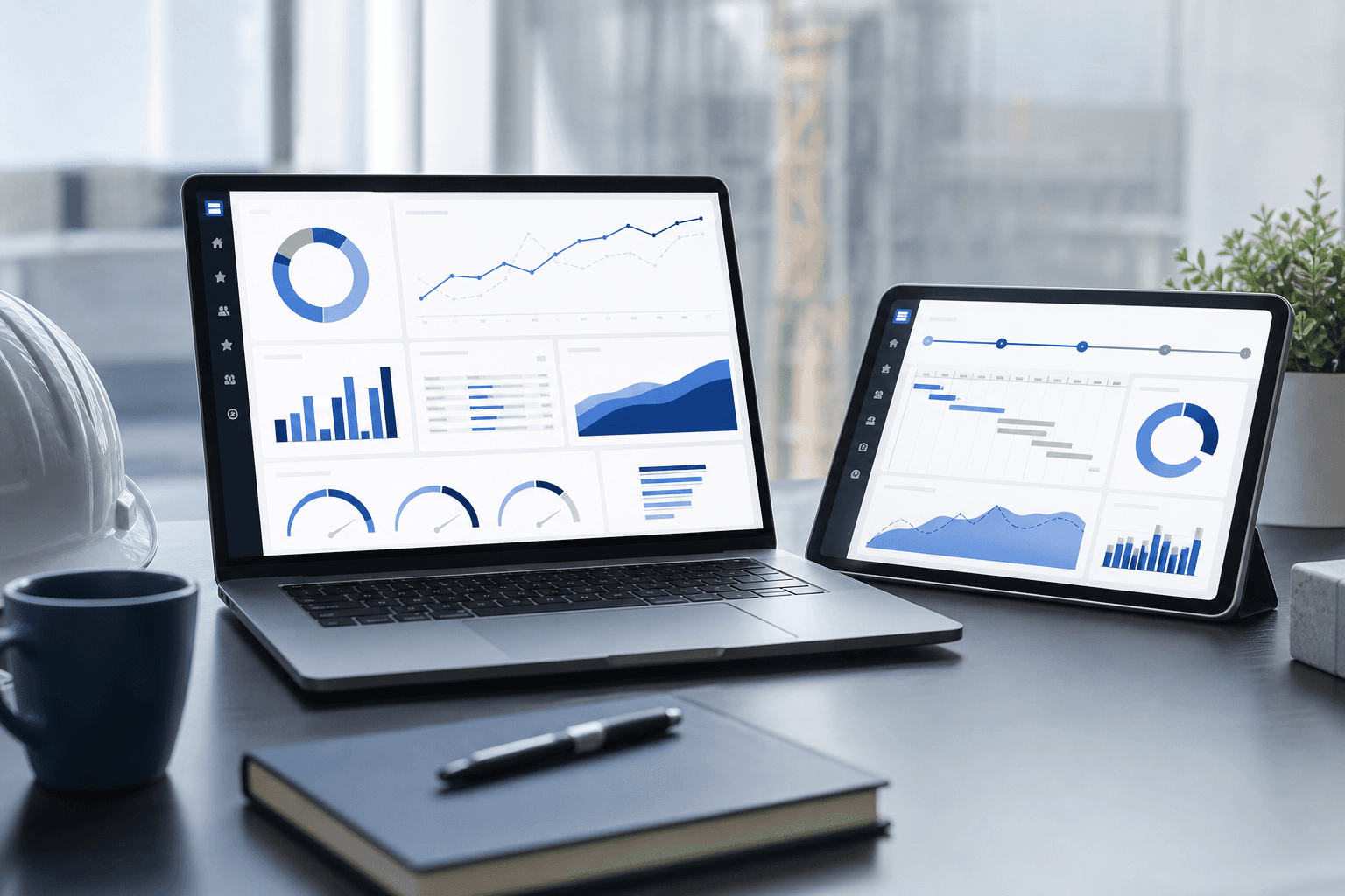 Power BI project dashboard with KPI charts for construction progress