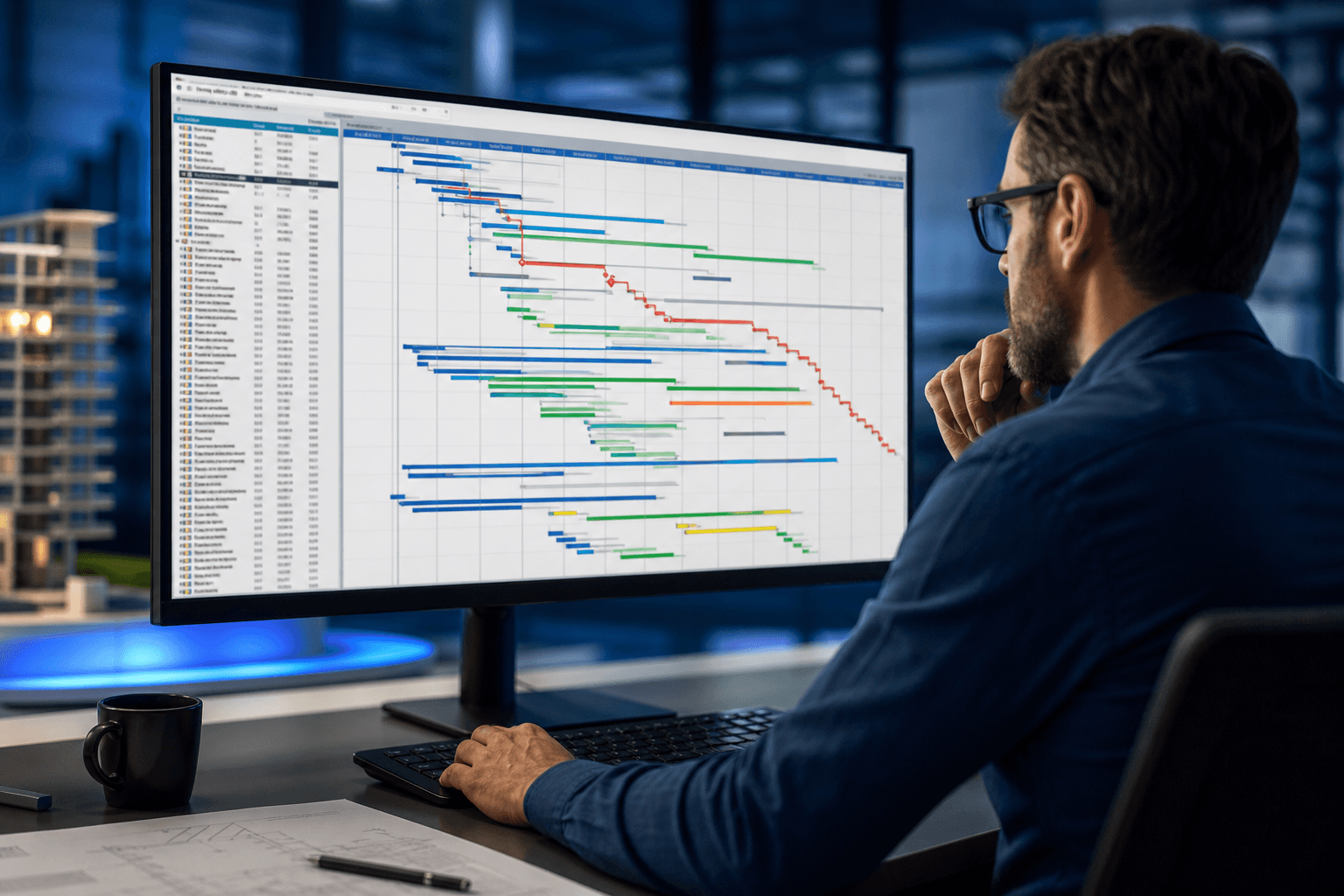 Project controls professional reviewing Primavera P6 schedule progress